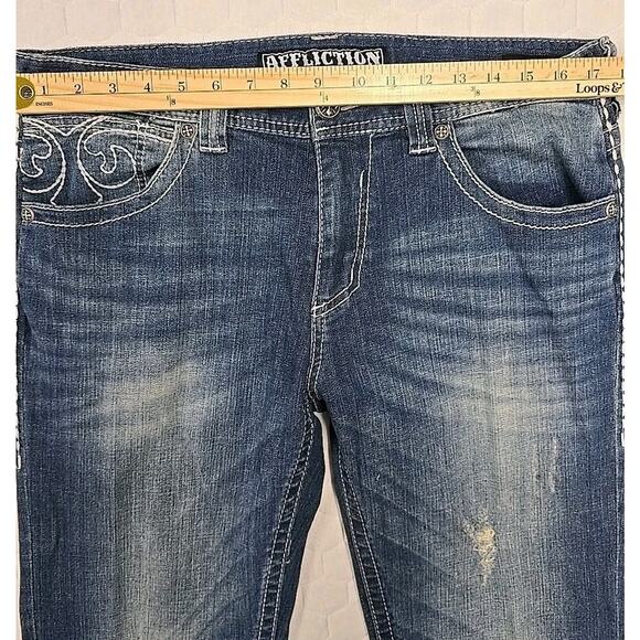 Affliction Mens Cooper Jeans Sz 34 Distressed Embroidered Flap Pocket Boot - Picture 12 of 15